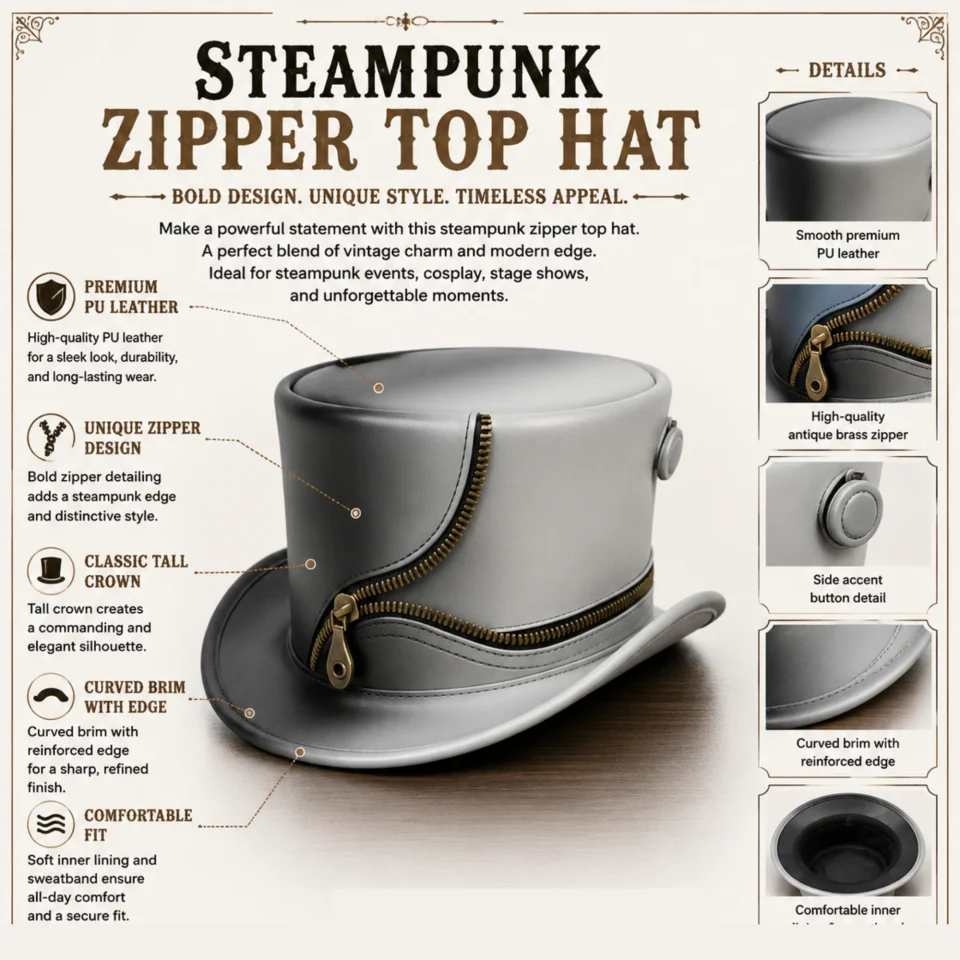 Gray Top Hat with Zipper Detail three-quarter view - gray / silver-black tall top hat / western top hat