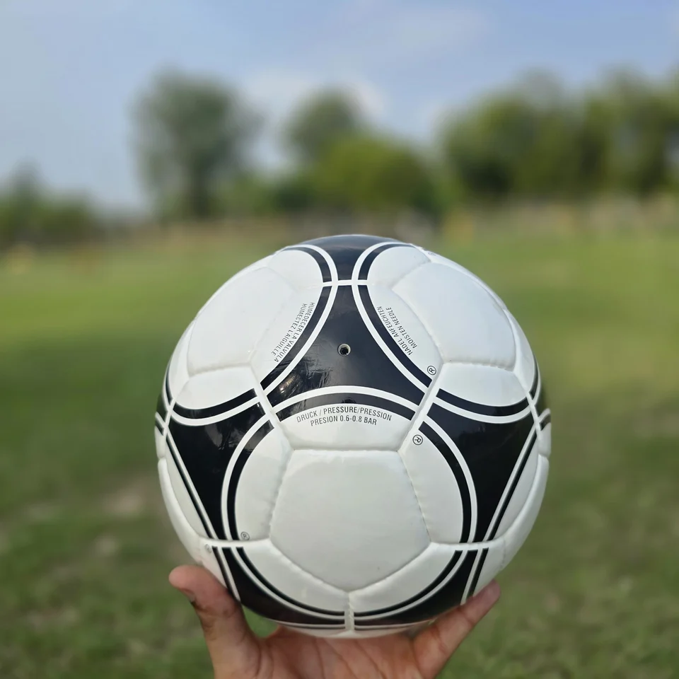 Black White Star Panel Hand-Stitched Football back view - black and white handmade football with bold star-panel graphics