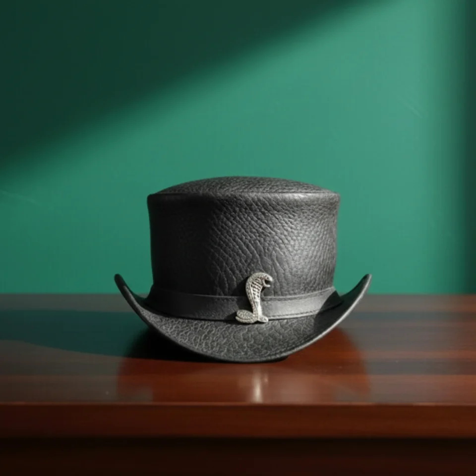 Blue Handmade Leather Festival Top Hat Style 035 front view - blue costume top hat with structured crown