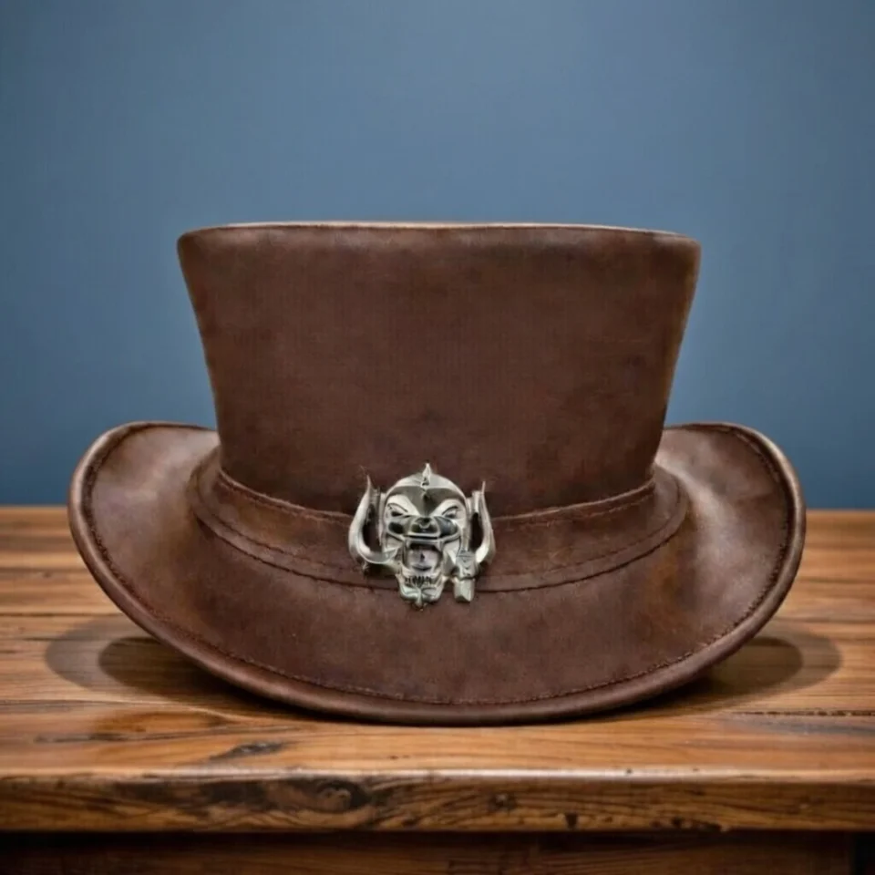 Blue Handmade Leather Statement Top Hat Style 030 front view - blue steampunk top hat with structured crown
