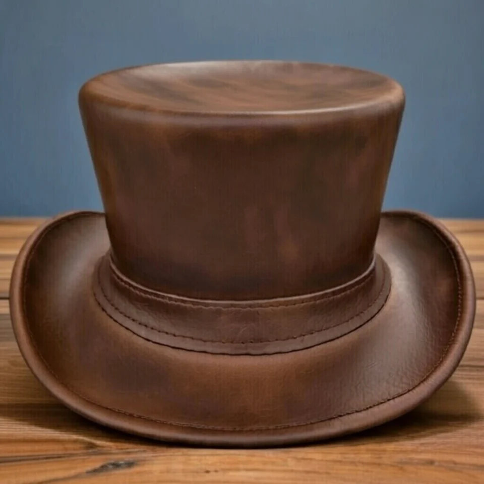 Blue Handmade Leather Statement Top Hat Style 030 side view - blue steampunk top hat with structured crown