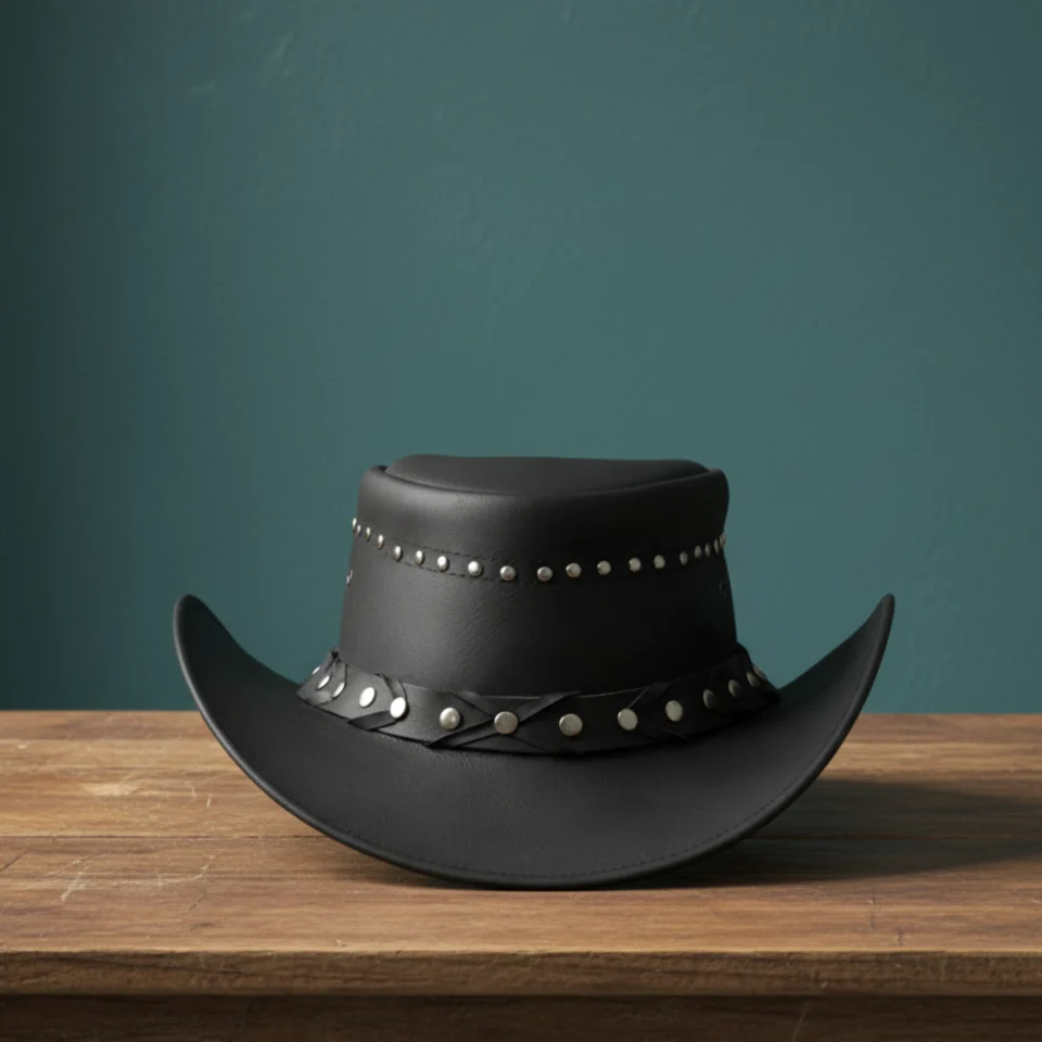 Blue Handmade Leather Statement Top Hat Style 051 front view - blue steampunk top hat with structured crown