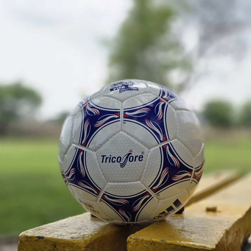 Blue Purple Training Hand-Stitched Football back view - white handmade football with blue and purple stitched graphic panels