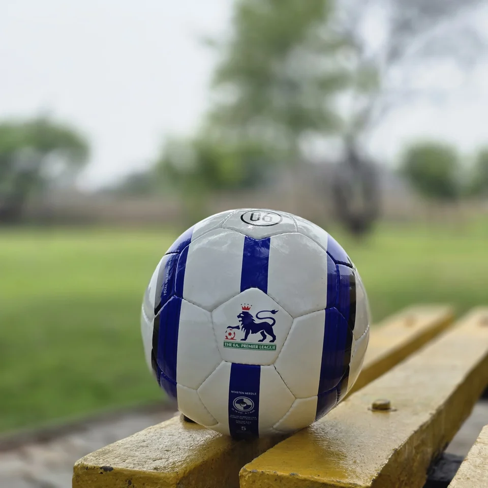 Blue Vertical Stripe Hand-Stitched Football alternate front angle - white handmade football with blue vertical stripes and printed quality-style panel mark