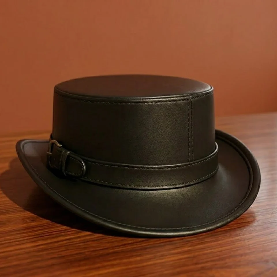 Brown Handmade Leather Cowboy Top Hat Style 027 front view - brown western top hat with structured crown