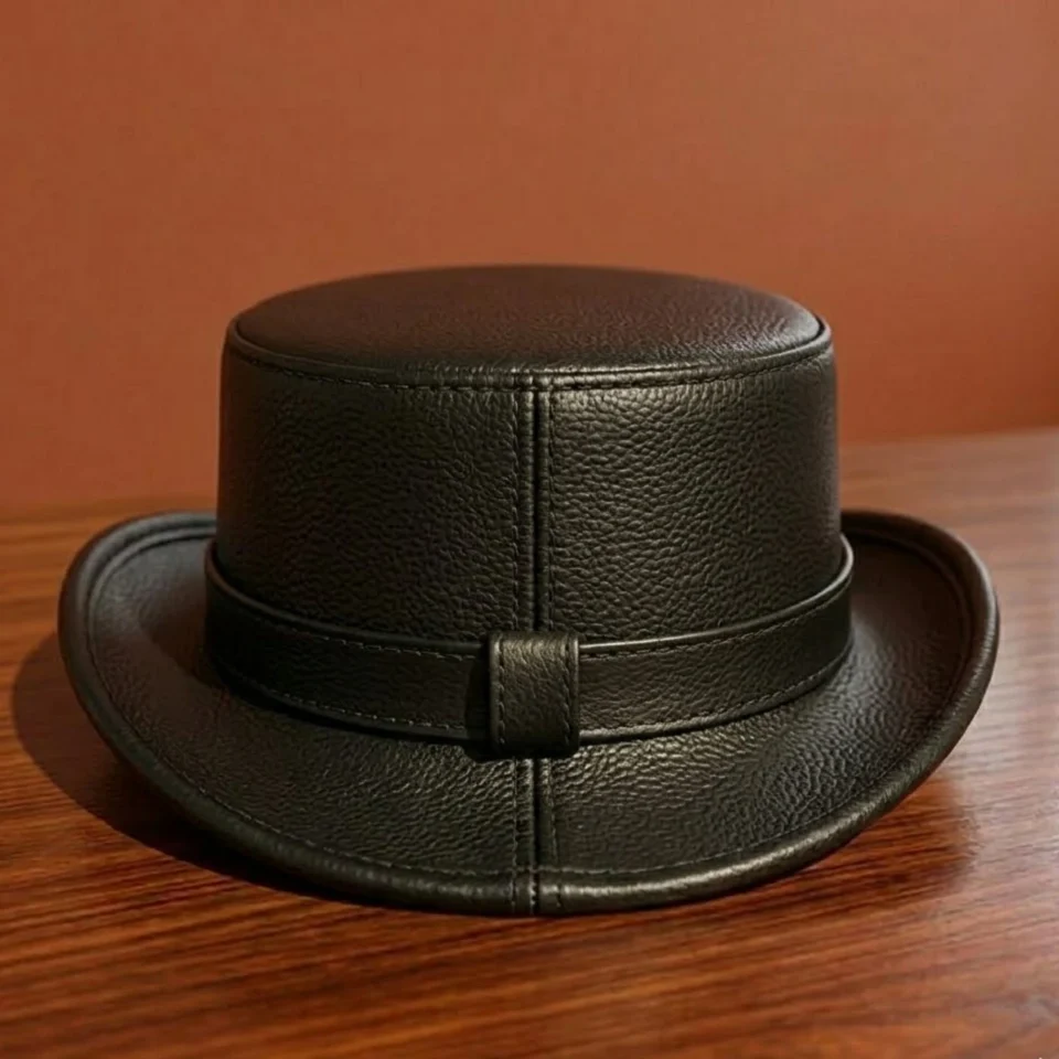 Brown Handmade Leather Cowboy Top Hat Style 027 side view - brown western top hat with structured crown