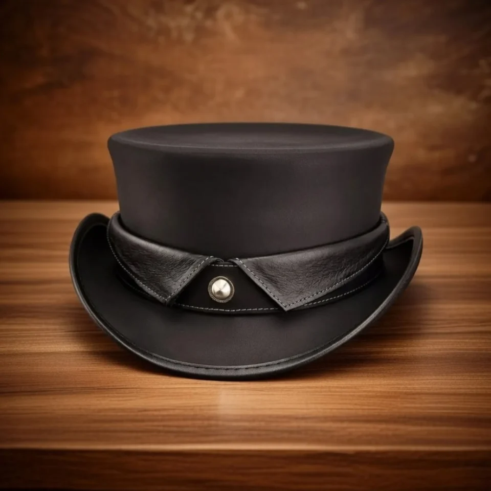 Brown Handmade Leather Steampunk Top Hat Style 020 front view - brown steampunk top hat with structured crown