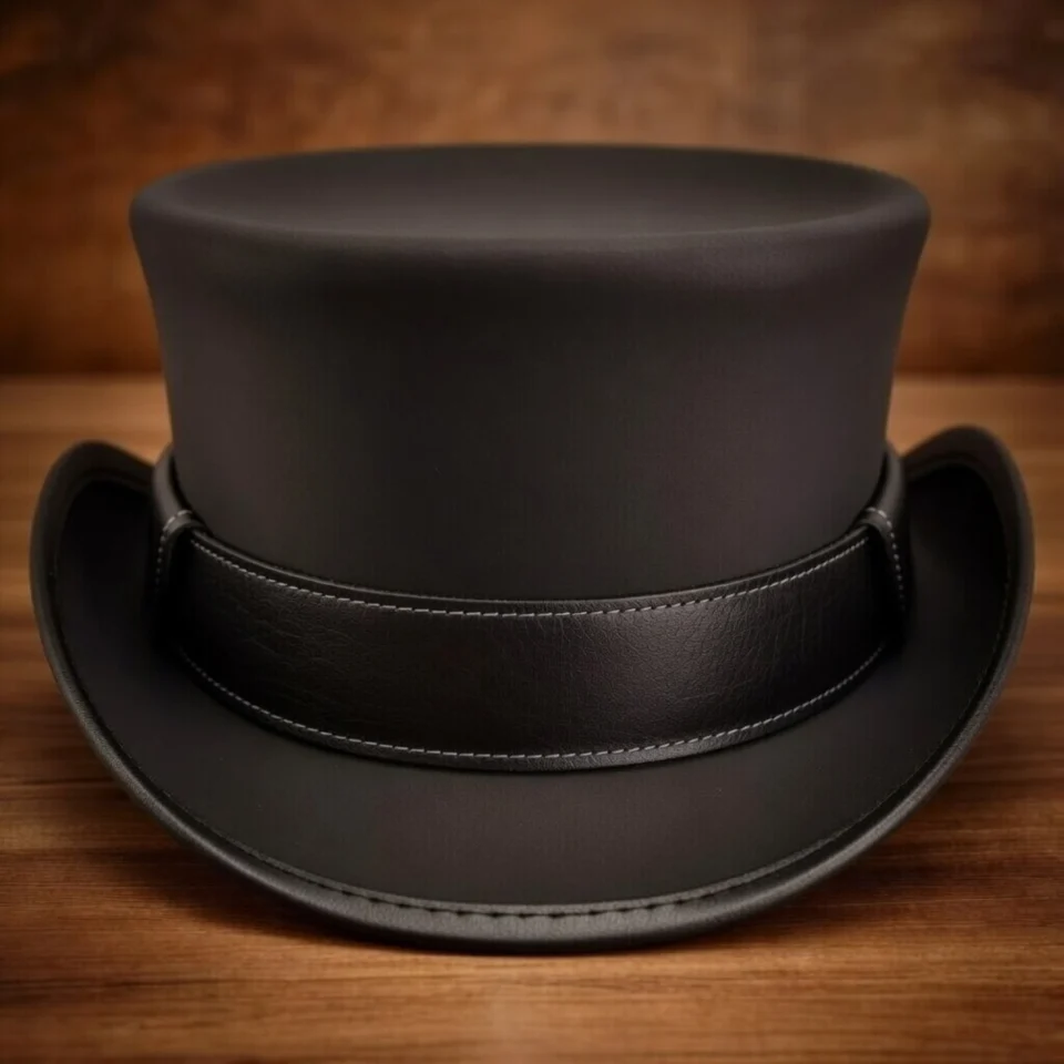 Brown Handmade Leather Steampunk Top Hat Style 020 side view - brown steampunk top hat with structured crown