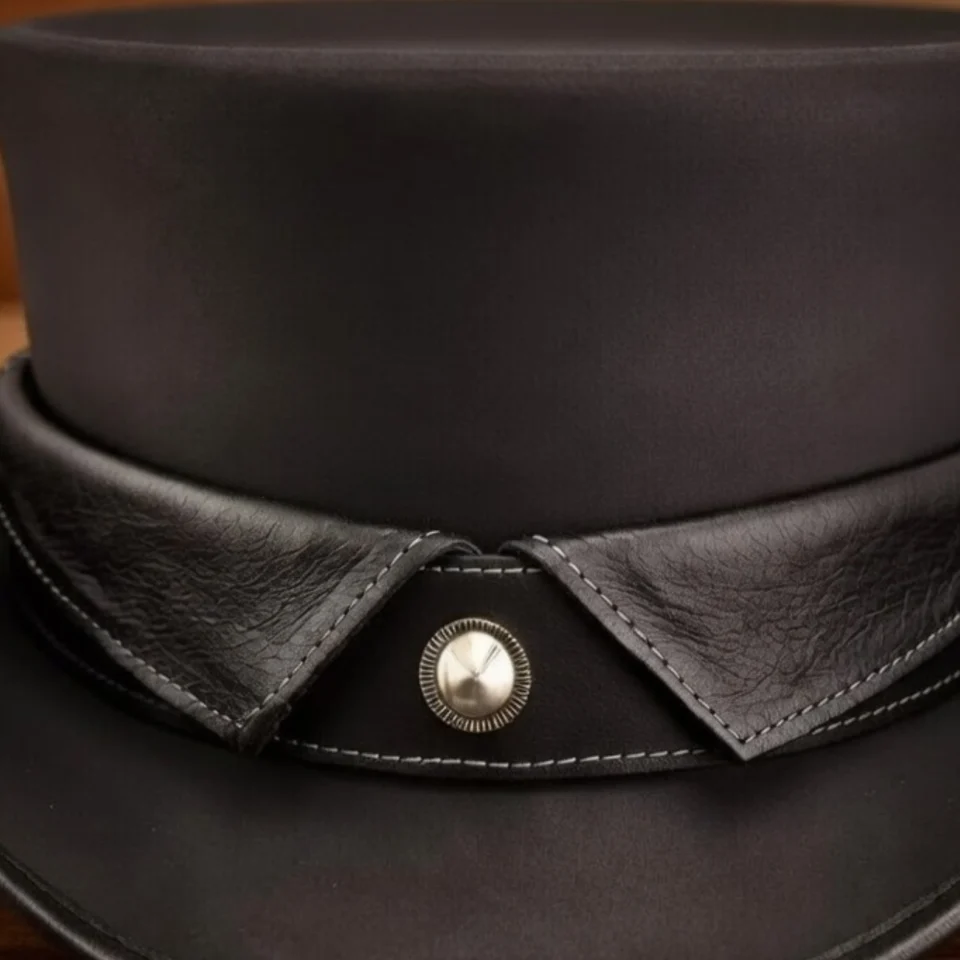 Brown Handmade Leather Steampunk Top Hat Style 020 three quarter view - brown steampunk top hat with structured crown
