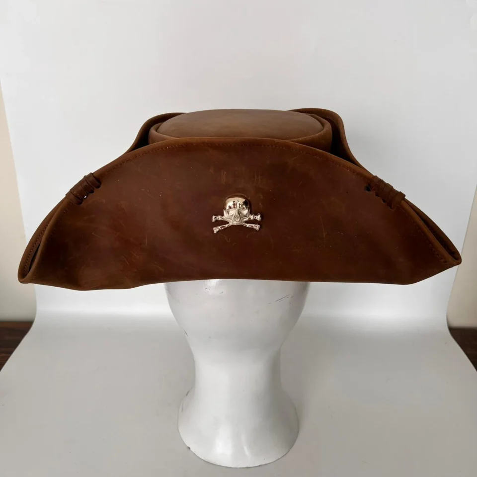 Brown Leather Tricorn Hat back view - brown tricorn / tricorne-inspired leather hat