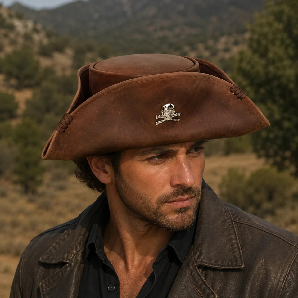 Brown Leather Tricorn Hat front view - brown tricorn / tricorne-inspired leather hat