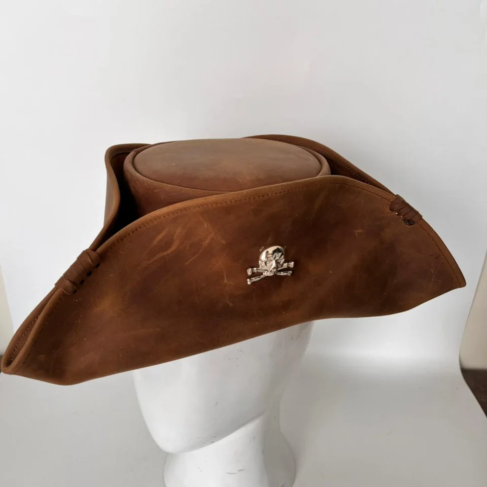 Brown Leather Tricorn Hat gallery view 5 - brown tricorn / tricorne-inspired leather hat