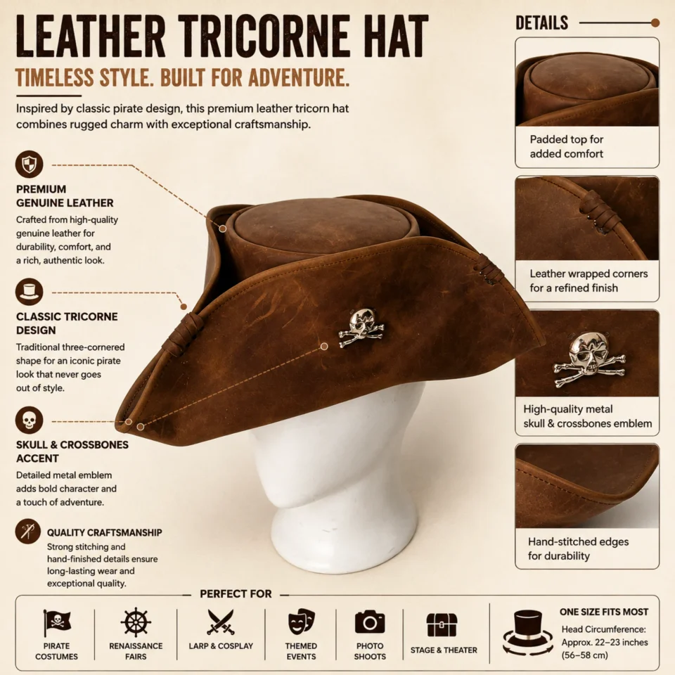 Brown Leather Tricorn Hat three-quarter view - brown tricorn / tricorne-inspired leather hat