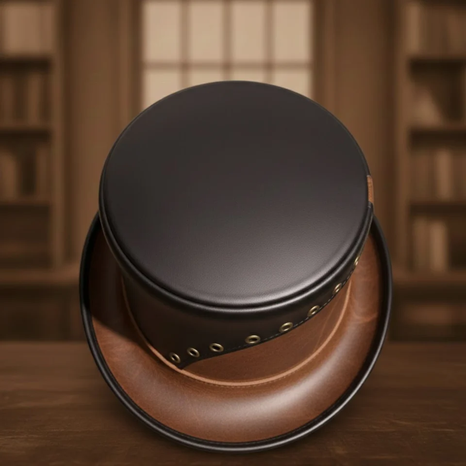 Brown Handmade Leather Western Top Hat Style 004 back view - brown western top hat with structured crown