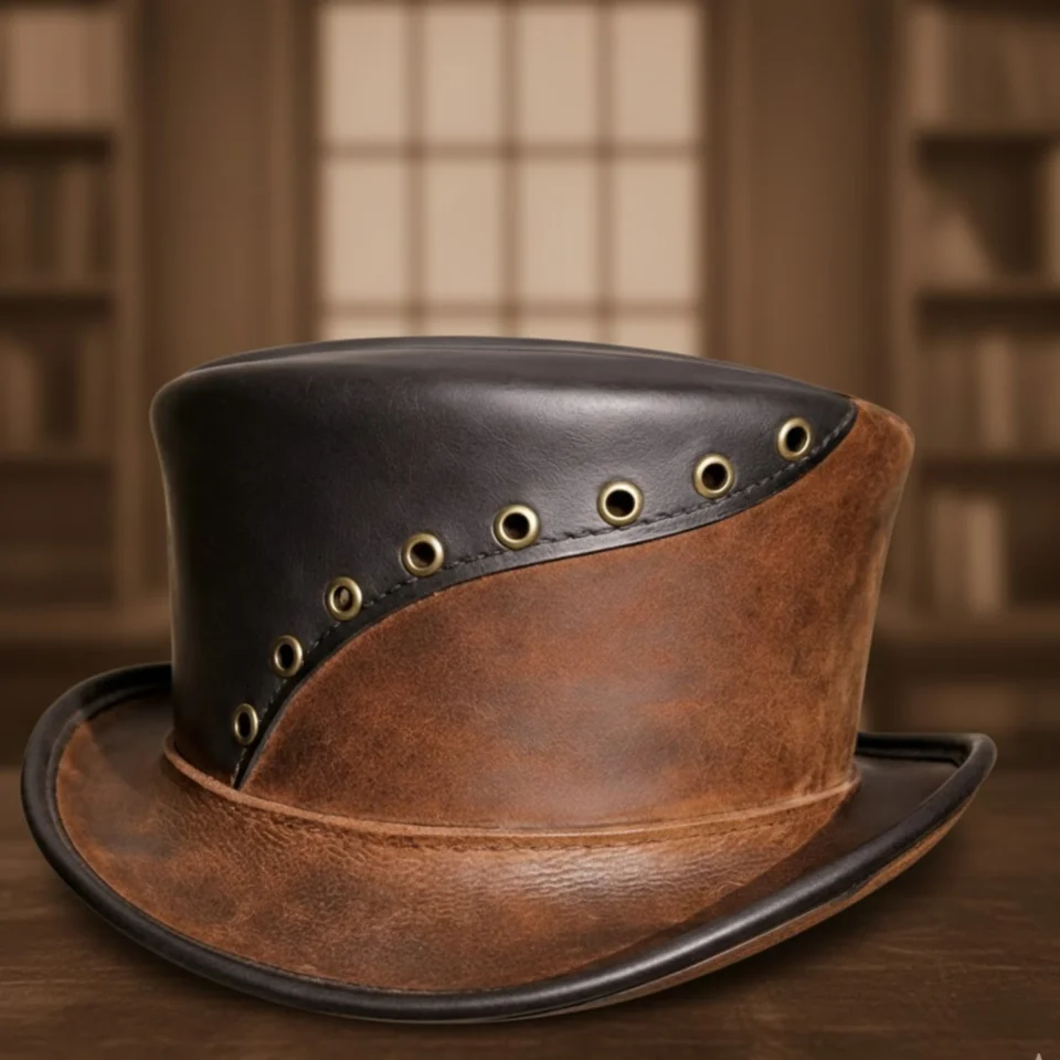 Brown Handmade Leather Western Top Hat Style 004 front view - brown western top hat with structured crown