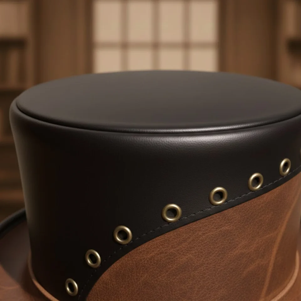 Brown Handmade Leather Western Top Hat Style 004 gallery view 05 - brown western top hat with structured crown