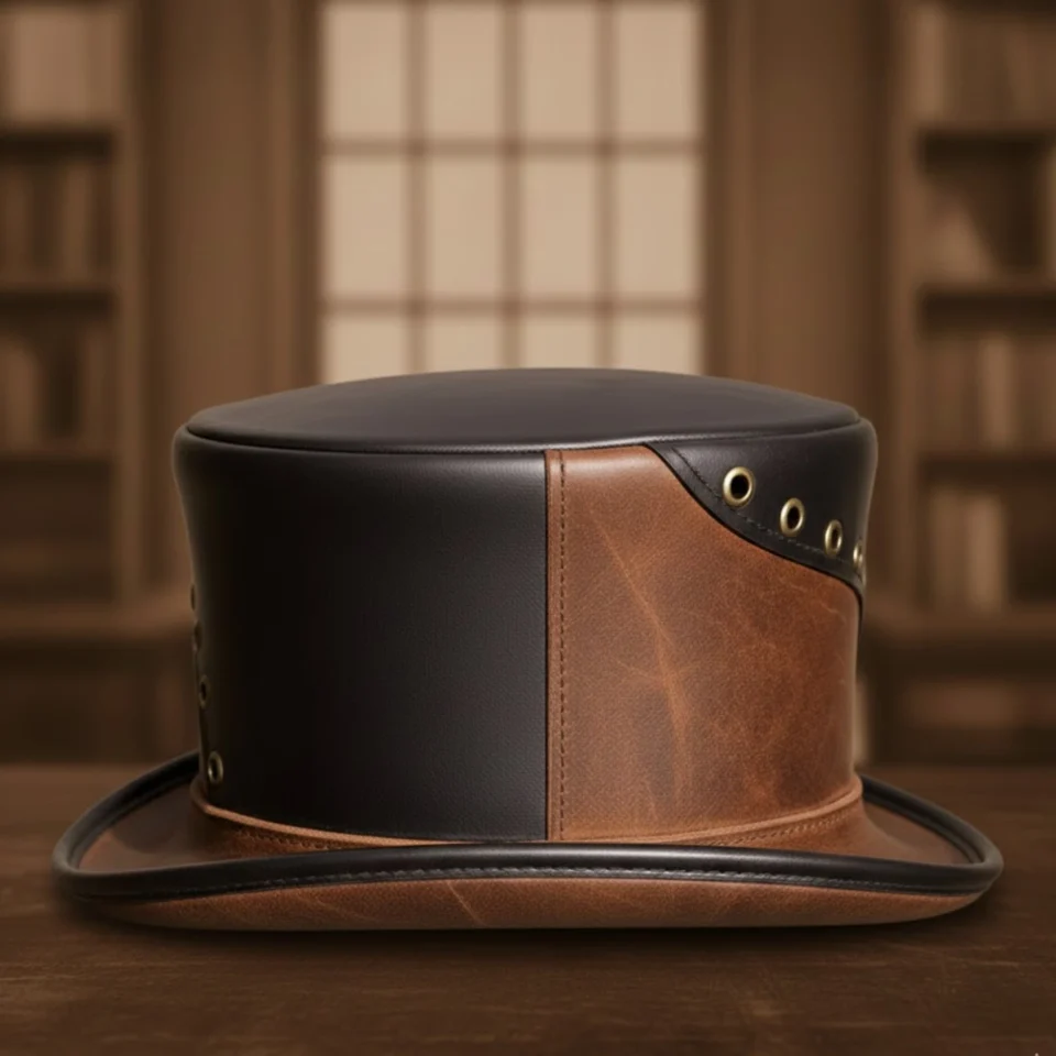 Brown Handmade Leather Western Top Hat Style 004 side view - brown western top hat with structured crown