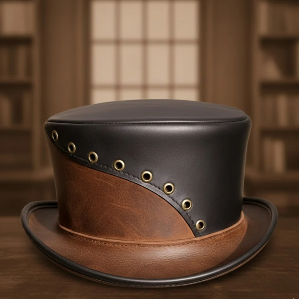 Brown Handmade Leather Western Top Hat Style 004 three quarter view - brown western top hat with structured crown