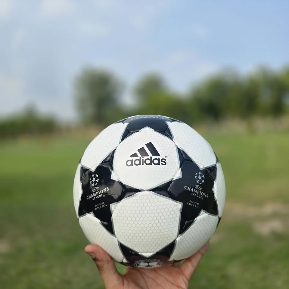 Classic Black Star Hand-Stitched Football alternate front angle - black and white handmade football with a classic star-panel match-ball design