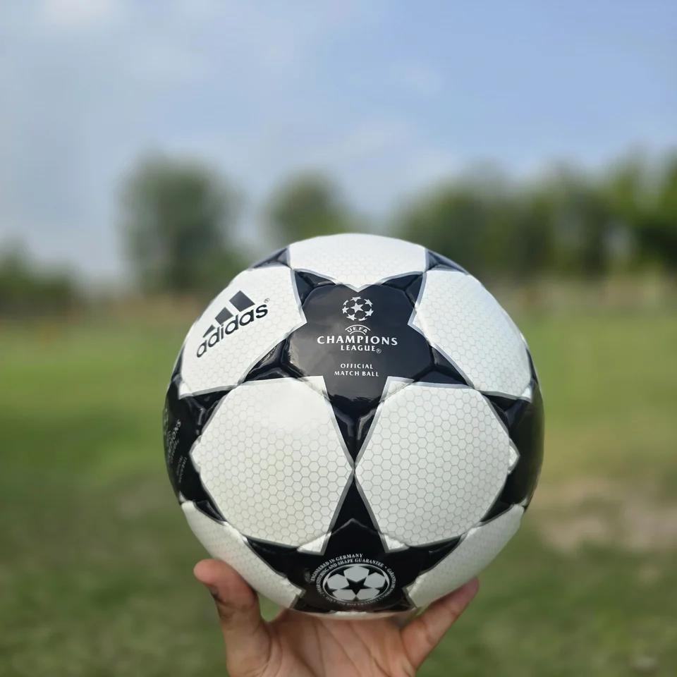 Classic Black Star Hand-Stitched Football side view - black and white handmade football with a classic star-panel match-ball design