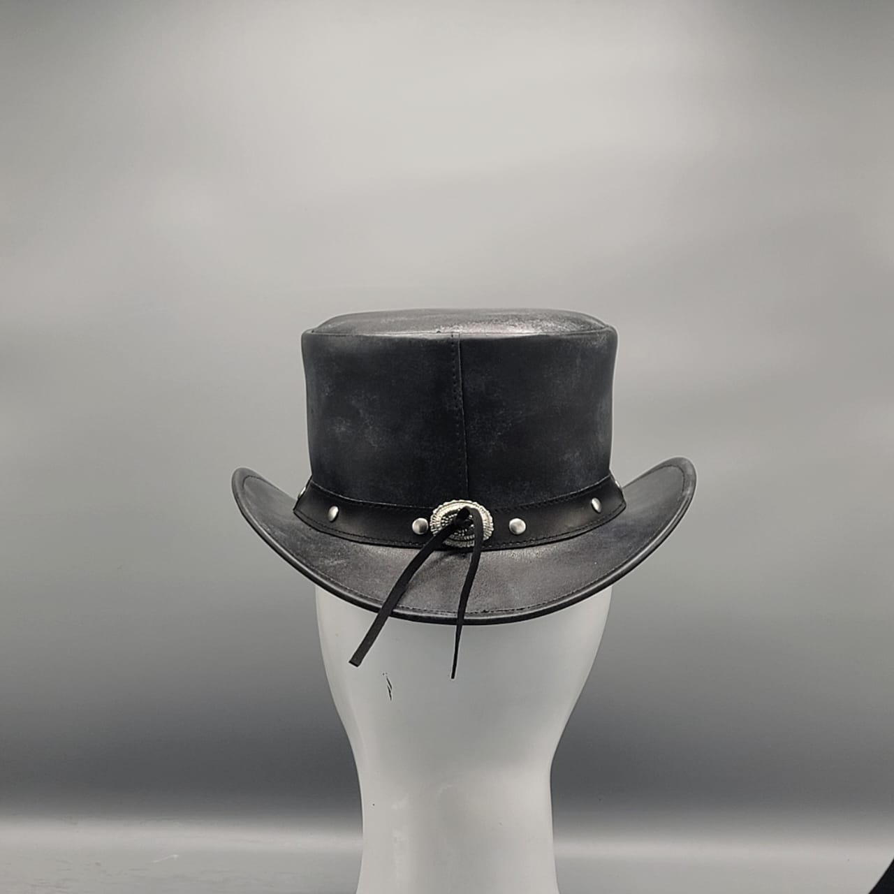 Cowhide Pattern Genuine Leather Western Cowboy Hat with Silver-Tone Ornament back view