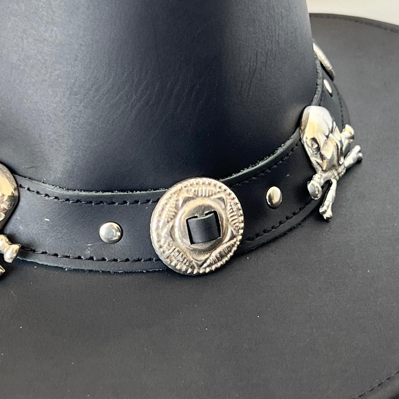 Cowhide Pattern Genuine Leather Western Cowboy Hat with Skull Graphic back view