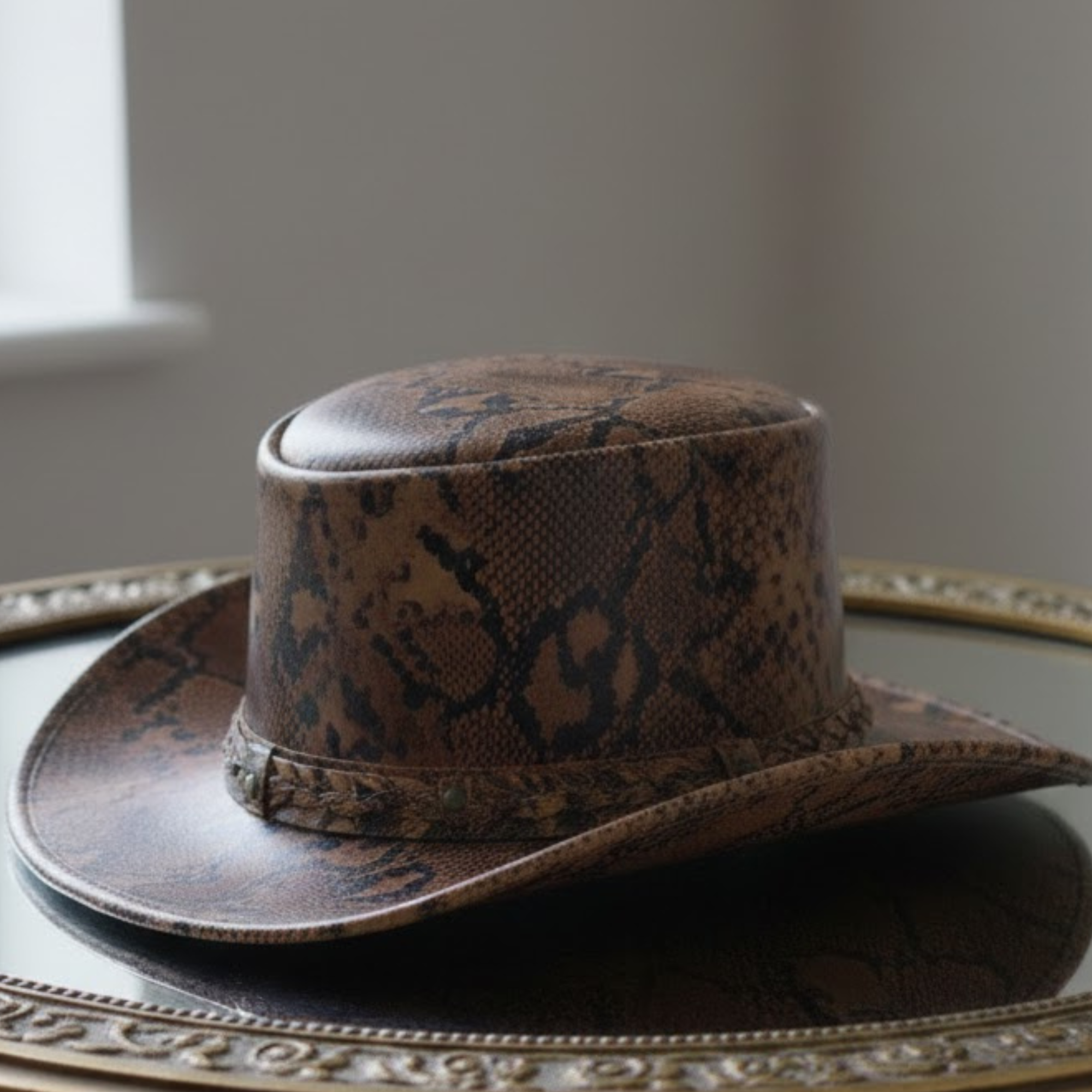 Cowhide Pattern Genuine Leather Western Cowboy Hat with Snakeskin-Pattern Hatband featured view