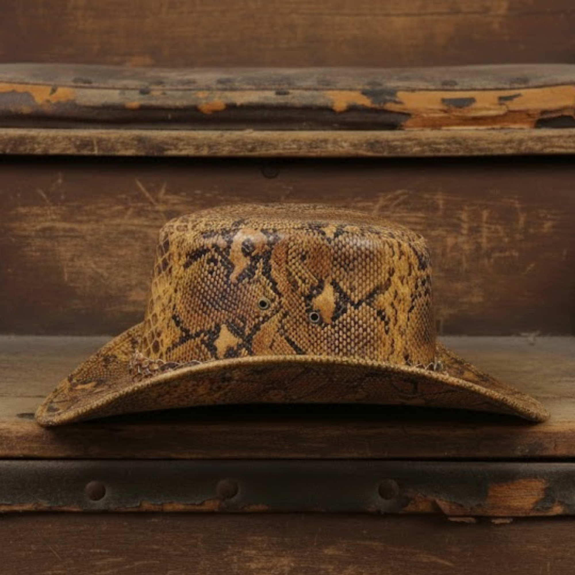 Cowhide Pattern Genuine Leather Western Cowboy Hat with Snakeskin-Pattern Hatband - Style 125 side angle