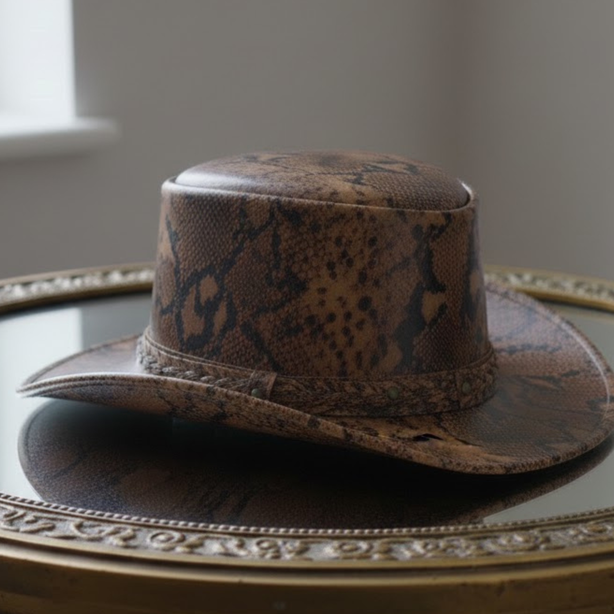 Cowhide Pattern Genuine Leather Western Cowboy Hat with Snakeskin-Pattern Hatband side angle