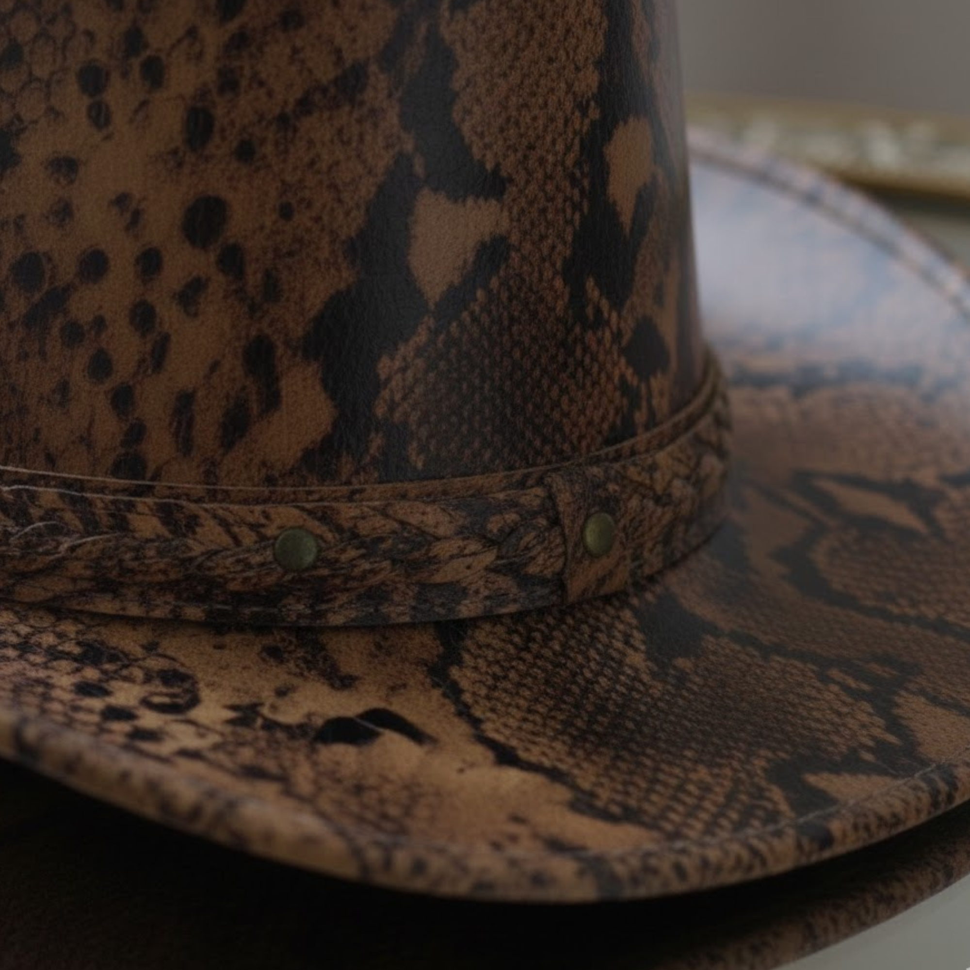 Cowhide Pattern Genuine Leather Western Cowboy Hat with Snakeskin-Pattern Hatband back view