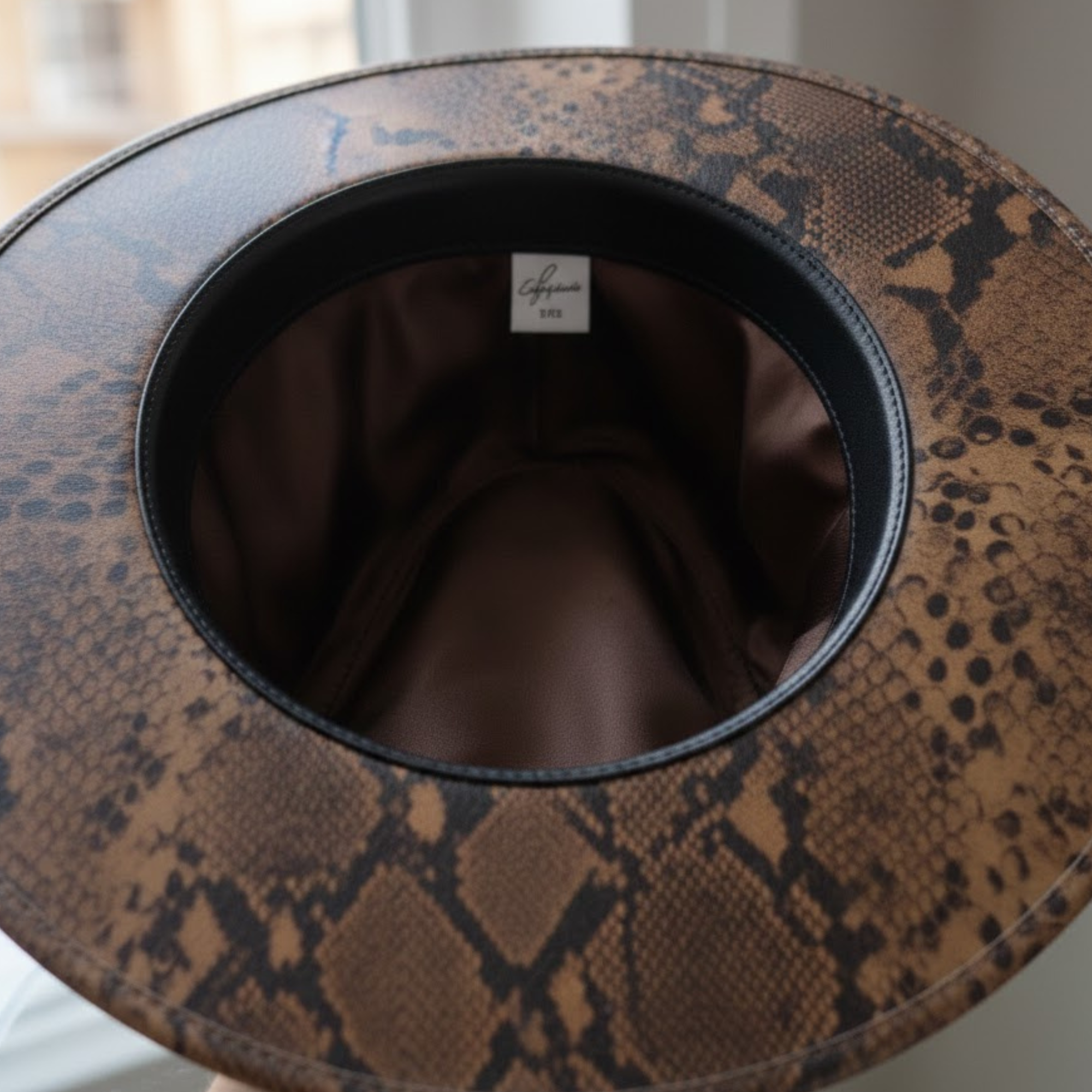 Cowhide Pattern Genuine Leather Western Cowboy Hat with Snakeskin-Pattern Hatband detail view