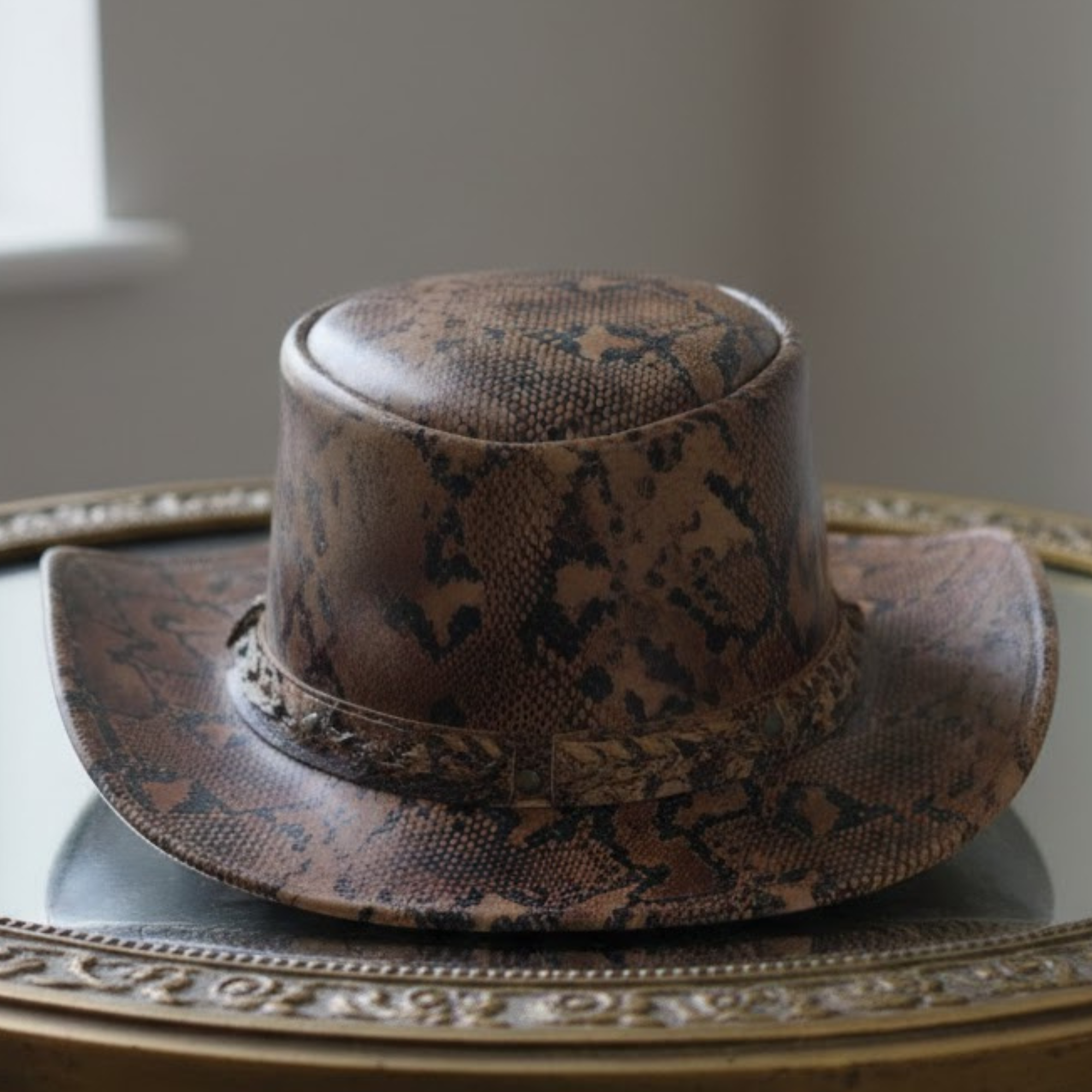 Cowhide Pattern Genuine Leather Western Cowboy Hat with Snakeskin-Pattern Hatband - image 05