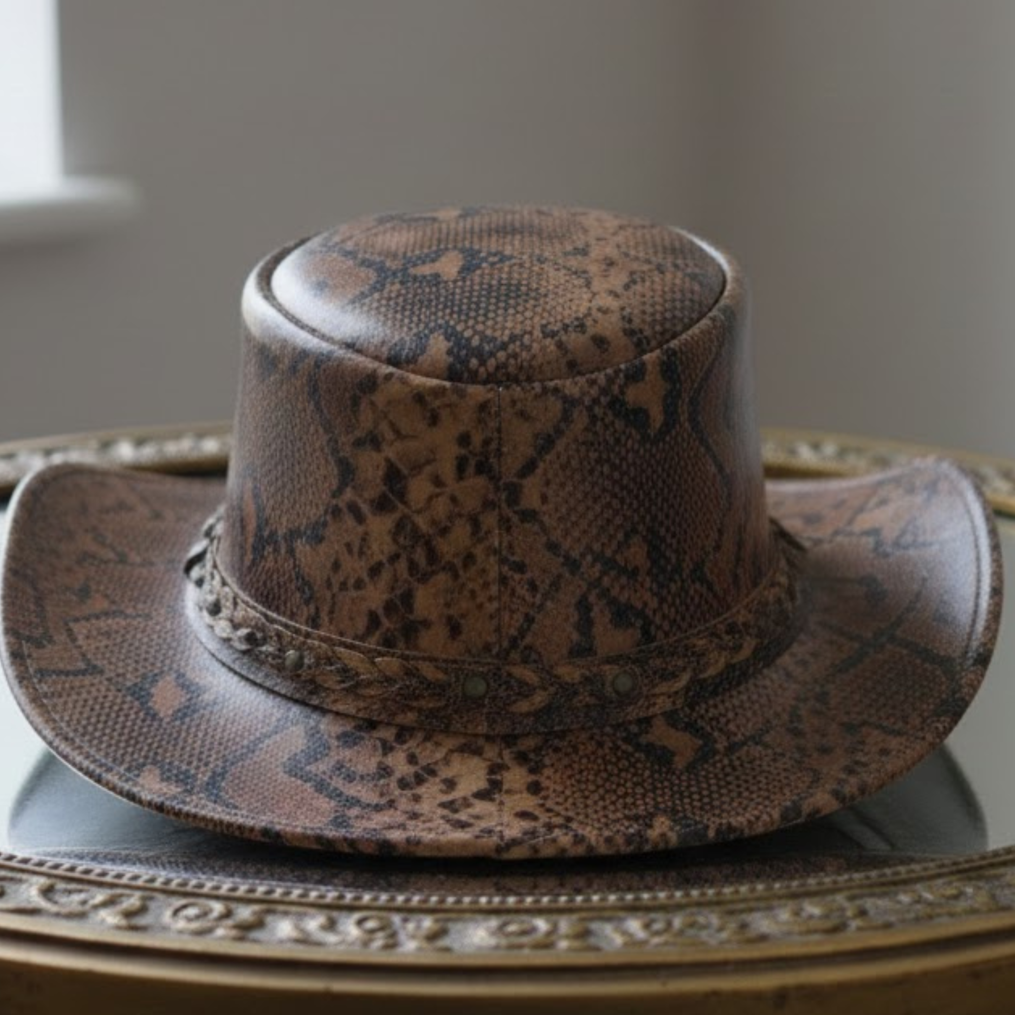Cowhide Pattern Genuine Leather Western Cowboy Hat with Snakeskin-Pattern Hatband - image 06