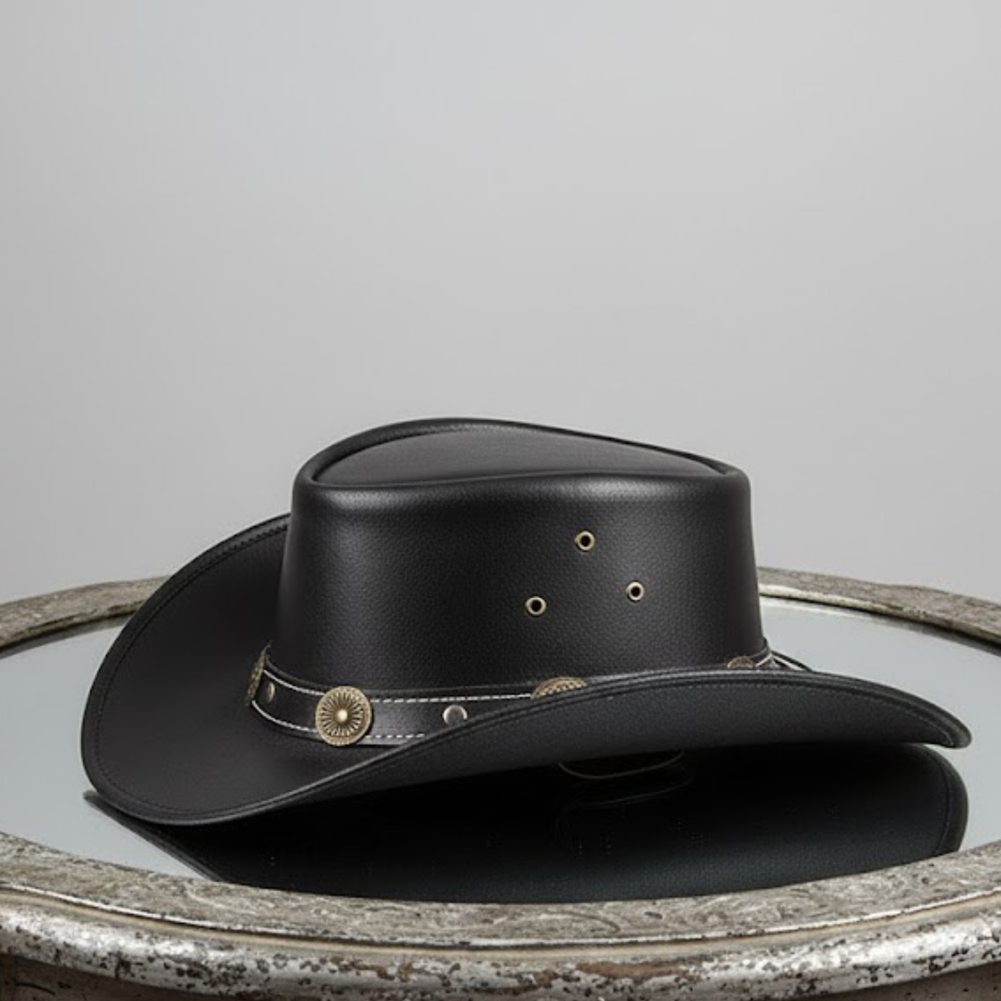 Cowhide Pattern Genuine Leather Western Cowboy Hat with Zipper Detail featured view