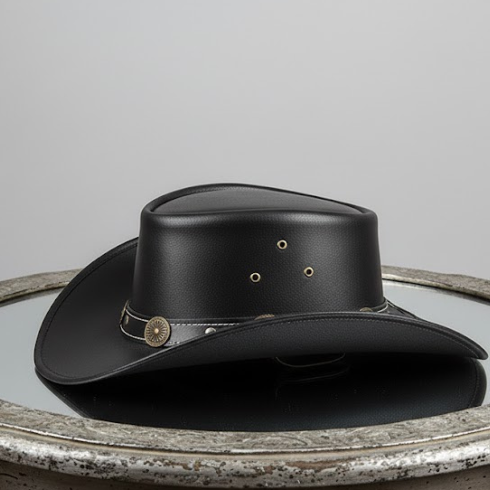 Cowhide Pattern Genuine Leather Western Cowboy Hat with Zipper Detail side angle