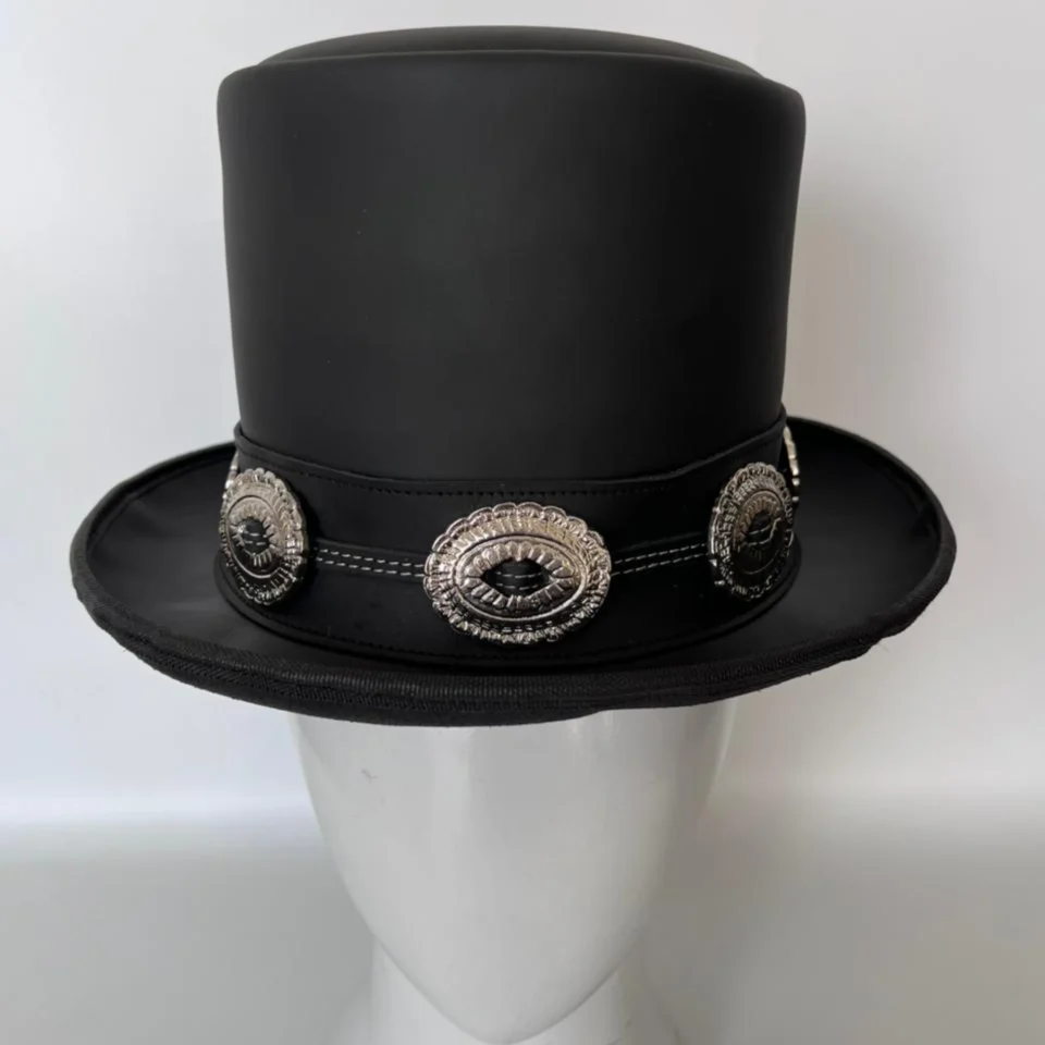 Dark Neutral Handmade Leather Festival Top Hat Style 087 back view - dark neutral costume top hat with structured crown