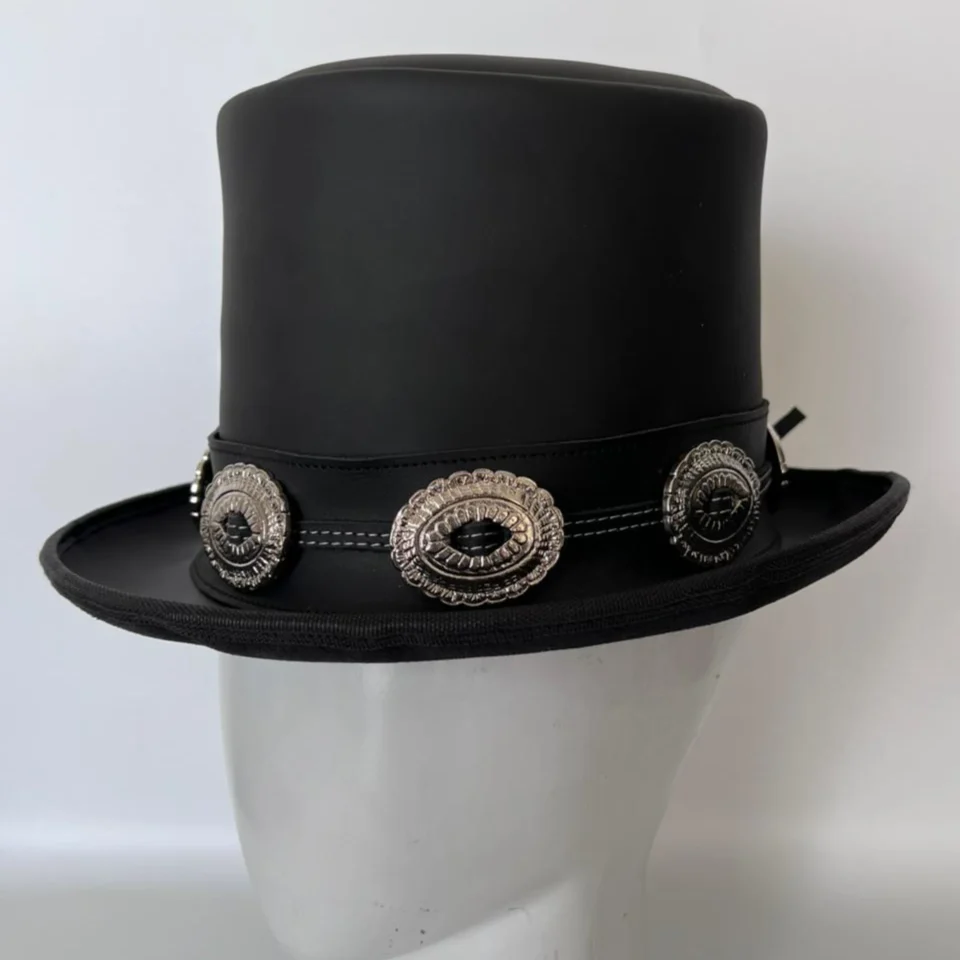 Dark Neutral Handmade Leather Festival Top Hat Style 087 detail view - dark neutral costume top hat with structured crown
