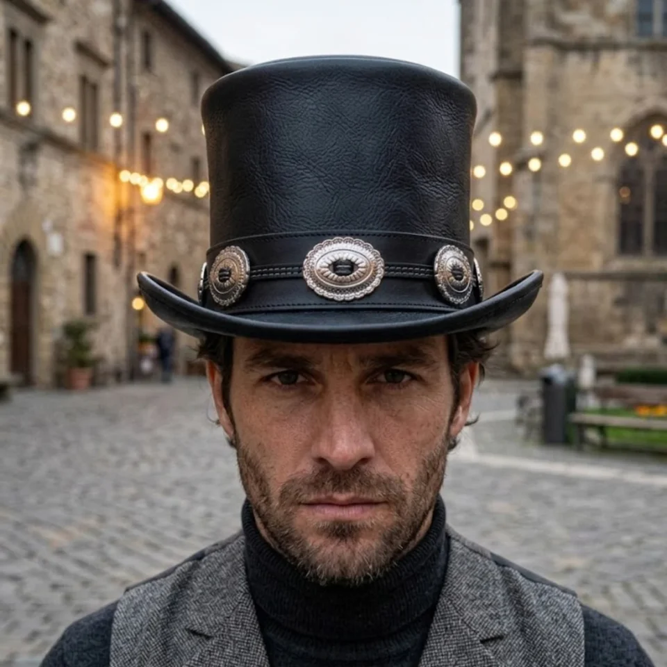 Dark Neutral Handmade Leather Festival Top Hat Style 087 front view - dark neutral costume top hat with structured crown