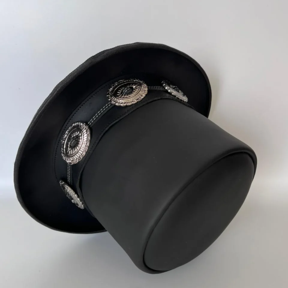 Dark Neutral Handmade Leather Festival Top Hat Style 087 side view - dark neutral costume top hat with structured crown