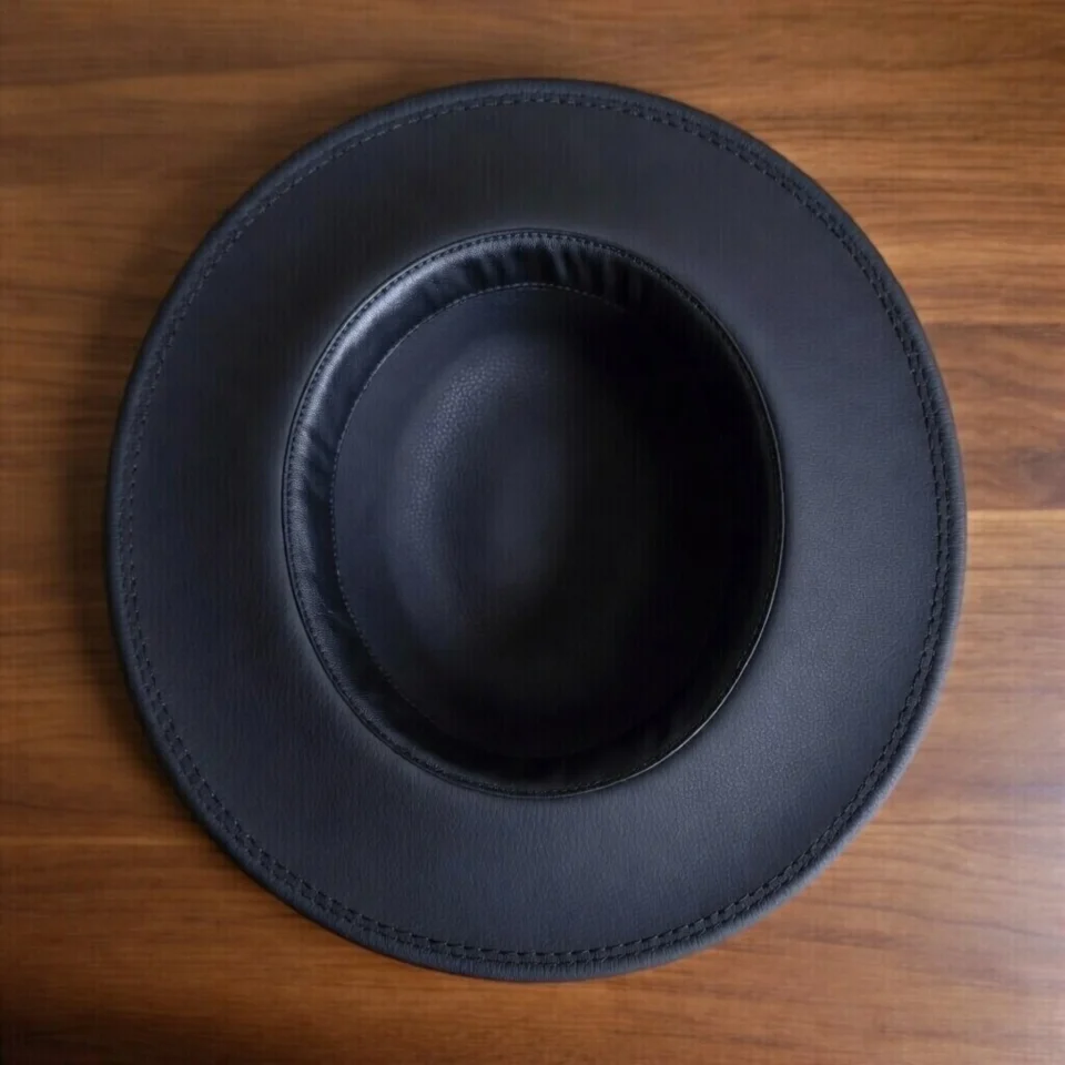Dark Neutral Handmade Leather Gothic Top Hat Style 019 detail view - dark neutral gothic top hat with structured crown