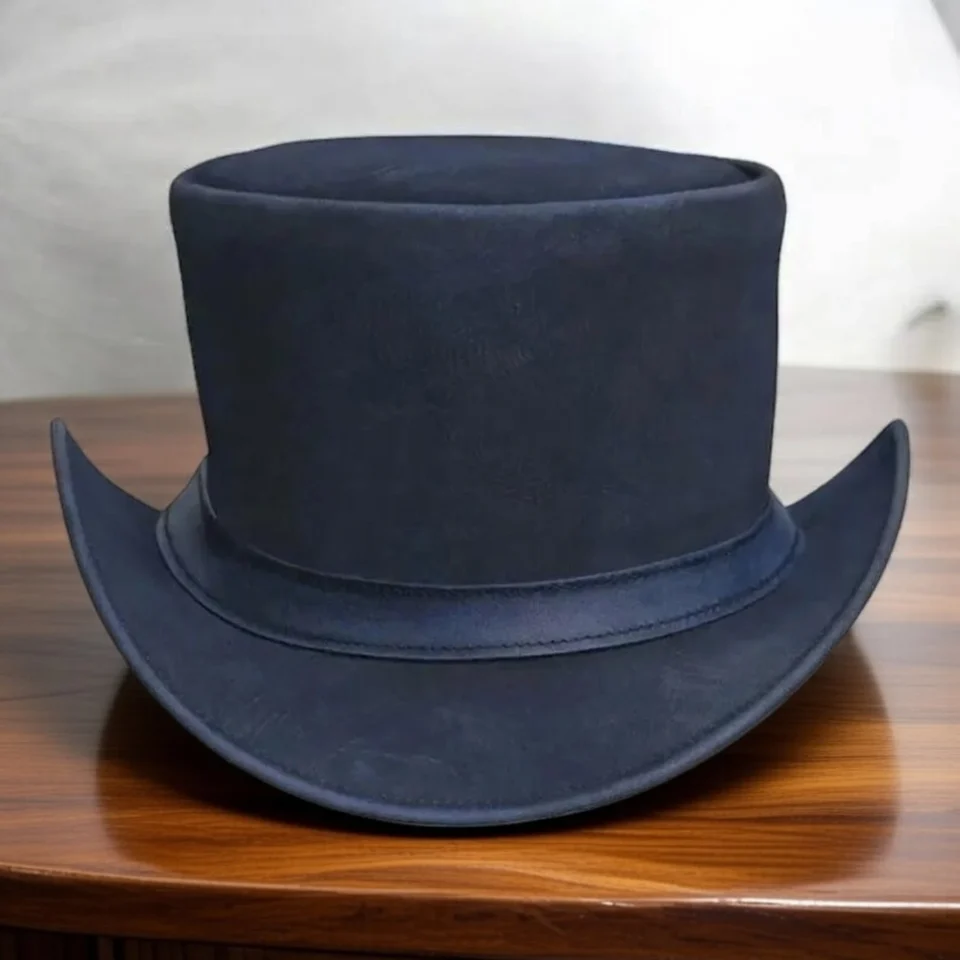 Dark Neutral Handmade Leather Gothic Top Hat Style 019 front view - dark neutral gothic top hat with structured crown