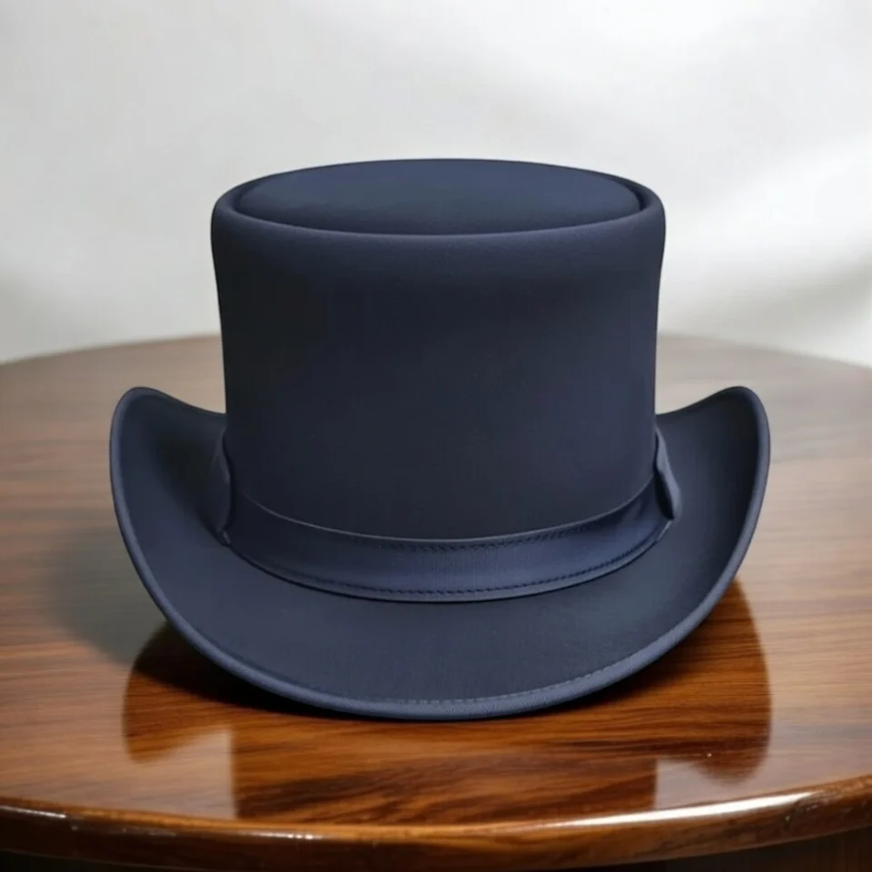 Dark Neutral Handmade Leather Gothic Top Hat Style 019 three quarter view - dark neutral gothic top hat with structured crown