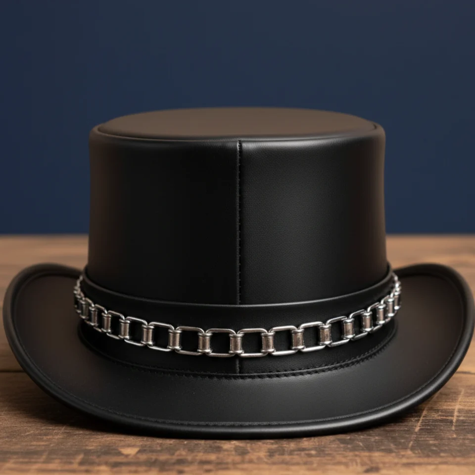 Dark Neutral Handmade Leather Gothic Top Hat Style 025 back view - dark neutral gothic top hat with structured crown