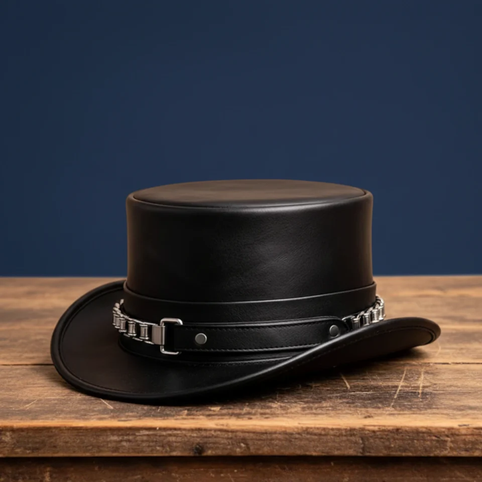 Dark Neutral Handmade Leather Gothic Top Hat Style 025 front view - dark neutral gothic top hat with structured crown