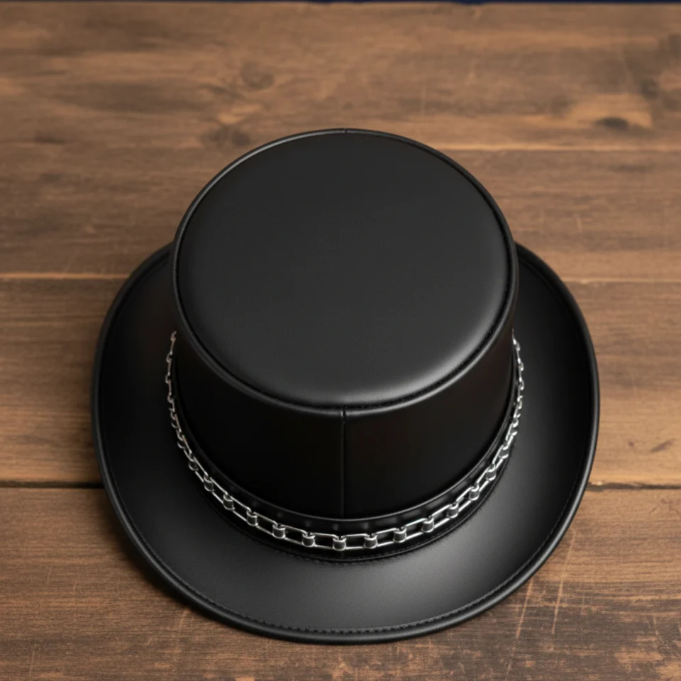 Dark Neutral Handmade Leather Gothic Top Hat Style 025 gallery view 05 - dark neutral gothic top hat with structured crown