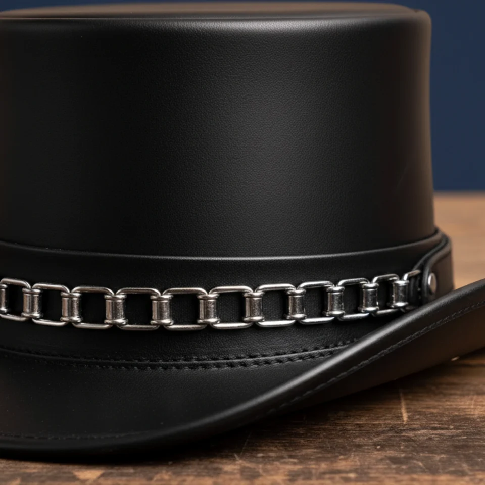 Dark Neutral Handmade Leather Gothic Top Hat Style 025 side view - dark neutral gothic top hat with structured crown