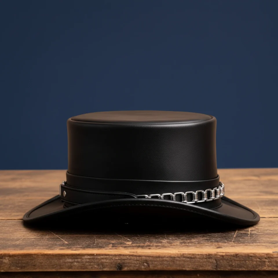 Dark Neutral Handmade Leather Gothic Top Hat Style 025 three quarter view - dark neutral gothic top hat with structured crown