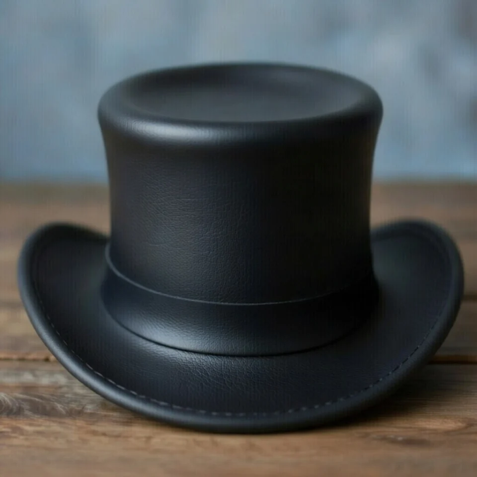 Dark Neutral Handmade Leather Gothic Top Hat Style 040 back view - dark neutral gothic top hat with structured crown