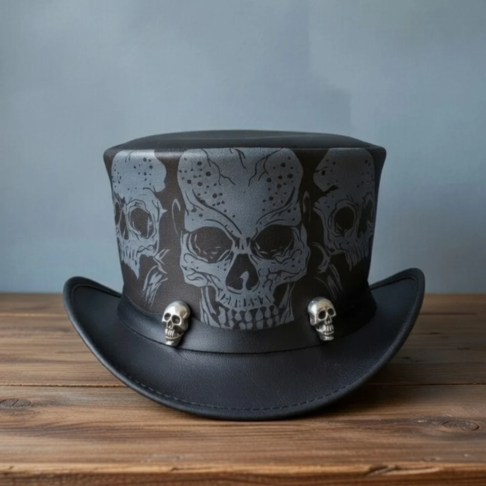 Dark Neutral Handmade Leather Gothic Top Hat Style 040 front view - dark neutral gothic top hat with structured crown
