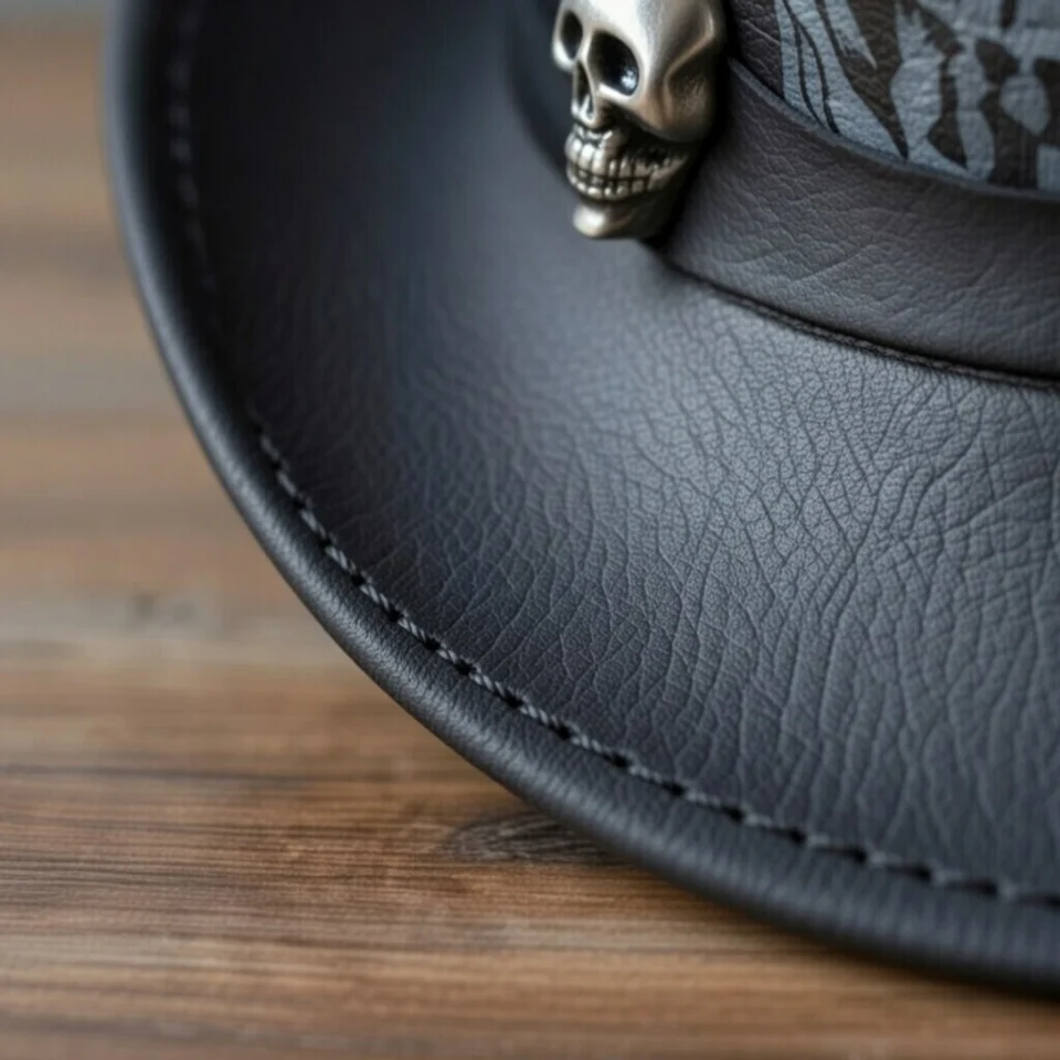Dark Neutral Handmade Leather Gothic Top Hat Style 040 side view - dark neutral gothic top hat with structured crown